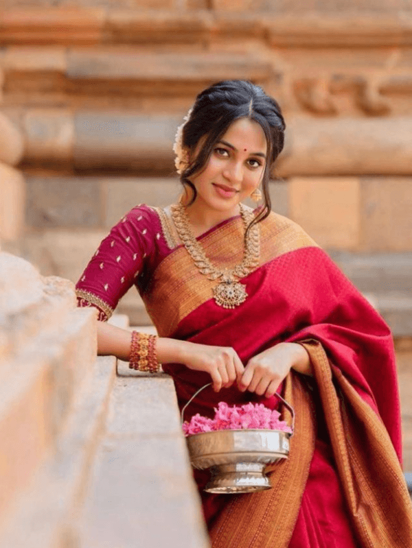 Soft Lichi Silk Saree - Red Velvet Glow